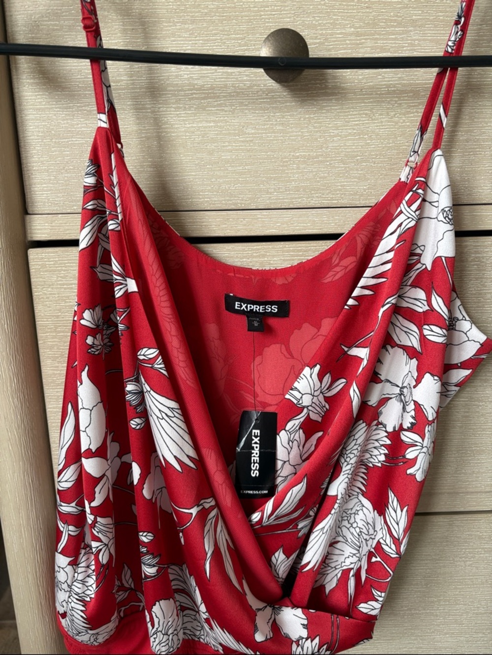 Express Red and White Floral Draped Cowl Tank Top